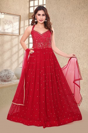 Redish Pink  Greorgette / Chiffon Gown
